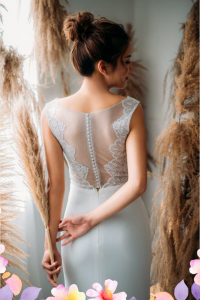 812BY02W04 Varyssa V neck Illusion back satin sheath 3 Crepe Wedding Dress Rental Kuala Lumpur, ROM wedding gown Kuala Lumpur, 