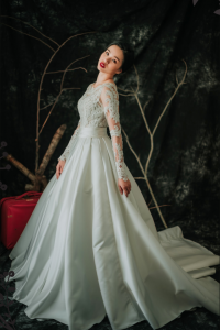 808LLW01 Laily long sleeves guipure lace duchess satin A line 6 Long Sleeves Wedding Dress Rental Malaysia, Pengantin Muslimah Malaysia, Muslim Bride Malaysia, Church wedding dress long Sleeves Malaysia, 