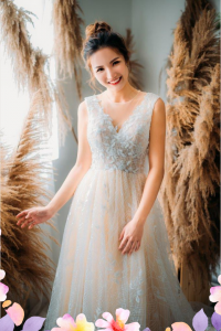 906LLE01 Ghrisha Champagne Floral A line V neck V back 4 Bride Wedding Event Reception Dinner Dress rental Malaysia