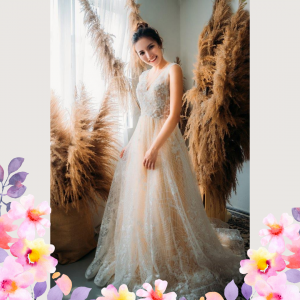 906LLE01 Ghrisha Champagne Floral A line V neck V back 5 Bridal event wedding dress reception rental custom make