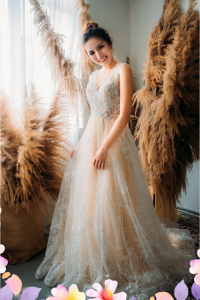 906LLE01 Ghrisha Champagne Floral A line V neck V back 5 Bridal event wedding dress reception rental custom make