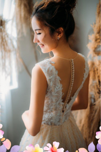 906LLE01 Ghrisha Champagne Floral A line V neck V back 2 Bride Wedding Event Reception Dinner Dress rental Malaysia