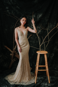 906LLE02 Thrisha Champagne Spaghetti Strap full beadings Trumpet 5 Bride Wedding Event Reception Dinner Dress rental Malaysia