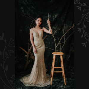 906LLE02 Thrisha Champagne Spaghetti Strap full beadings Trumpet 5 Bride Wedding Event Reception Dinner Dress rental Malaysia