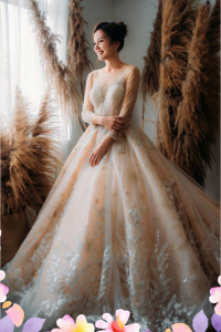 908XNW01 Jazmin Champagne LS Princess 1 Long Sleeves Wedding Dress Rental Malaysia, Baju Pengantin Designer Malaysia, Malay Wedding Dress Malaysia, Church Bride Malaysia, Church wedding dress long Sleeves Malaysia, Full lace wedding dress malaysia,  
