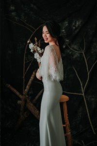 909BY05W01 Clara Cape sleeves chantily lace sheath crepe V neck 1 ROM wedding dress rental Malaysia, Simple wedding dress malaysia, ROM wedding gown Kuala Lumpur, Garden wedding reception Malaysia, 
