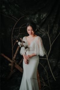 909BY05W01 Clara Cape sleeves chantily lace sheath crepe V neck 6 Wedding Dress Rental Minimalist Malaysia, Crepe Wedding Dress Rental Kuala Lumpur, Satin Wedding Dress Rental Kuala Lumpur, ROM wedding gown Kuala Lumpur, Simple wedding dress malaysia, 