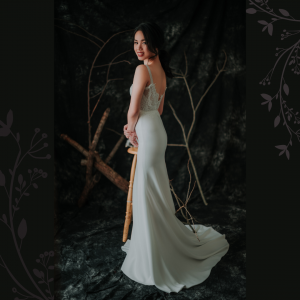 909BY05W01 Clara Cape sleeves chantily lace sheath crepe V neck 7 Wedding Dress Rental Minimalist Malaysia, Crepe Wedding Dress Rental Kuala Lumpur, Satin Wedding Dress Rental Kuala Lumpur, ROM wedding gown Kuala Lumpur, Simple wedding dress malaysia, 