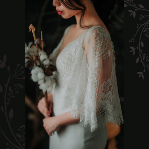 909BY05W01 Clara Cape sleeves chantily lace sheath crepe V neck 2 ROM wedding dress rental Malaysia, Simple wedding dress malaysia, ROM wedding gown Kuala Lumpur, Garden wedding reception Malaysia, 