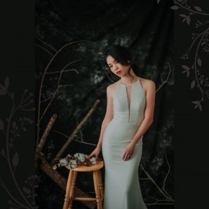 910BY05W01 Carrie Halter Neck Crepe trumpet  V neck 7 ROM wedding gown Kuala Lumpur, Simple wedding dress malaysia, ROM wedding dress rental Malaysia, Petite Bride Dress Rental Malaysia, 