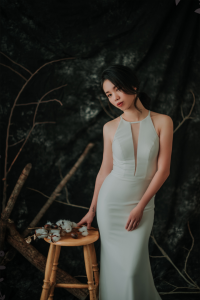 910BY05W01 Carrie Halter Neck Crepe trumpet  V neck 7 ROM wedding gown Kuala Lumpur, Simple wedding dress malaysia, ROM wedding dress rental Malaysia, Petite Bride Dress Rental Malaysia, 