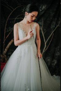 910BY05W02 Barrie Strap V illusion neck A line lace train 9 ROM wedding dress rental Malaysia, Simple wedding dress malaysia, ROM wedding gown Kuala Lumpur, Garden wedding reception Malaysia, 