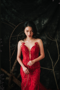 910LLW04 Winona Red Spag strap deep V baroque trumpet 5 Bridal event wedding dress reception rental custom make