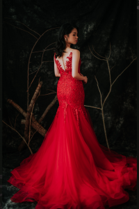 910LLW04 Winona Red Spag strap deep V baroque trumpet 1 Bride Wedding Event Reception Dinner Dress rental Malaysia