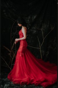 910LLW04 Winona Red Spag strap deep V baroque trumpet 2 Bride Wedding Event Reception Dinner Dress rental Malaysia