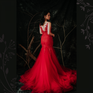 910LLW04 Winona Red Spag strap deep V baroque trumpet 1 Bride Wedding Event Reception Dinner Dress rental Malaysia