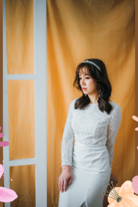 211BY10W03 Isabelle LS Sheath Crepe Scallop top d Pengantin Malaysia Baju Sewa, French Lace wedding Dress rental Malaysia, 