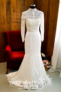 214LLW01 Pure Sweet Heart Silk Satin Trumpet high collar long sleeves Wedding Gown Muslimah Bride Malaysia