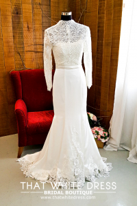 214LLW01 Pure Sweet Heart Silk Satin Trumpet high collar long sleeves Gaun Pengantin Hijabi