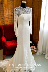 214LLW01 Pure Sweet Heart Silk Satin Trumpet illusion chantilly long sleeves Wedding Gown rental Malaysia