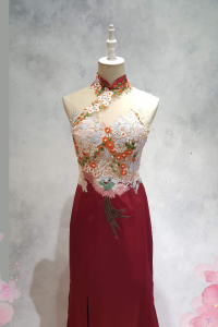 219EL01E01 Dey Cheongsam Red Satin Skirt Halter 15 Oriental Cheong Sam Qi Pao rental Malaysia Kuala Lumpur Kuala Lumpur Petaling Jaya