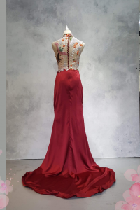 219EL01E01 Dey Cheongsam Red Satin Skirt Halter 16 Oriental Cheong Sam Qi Pao rental Malaysia Kuala Lumpur Petaling Jaya