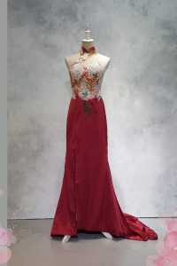 219EL01E01 Dey Cheongsam Red Satin Skirt Halter 14 Oriental Cheong Sam Qi Pao rental Malaysia Kuala Lumpur Petaling Jaya