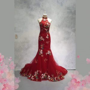 219EL01E03 May Cheong Sam Red Floral Halter 1 Oriental Cheong Sam Qi Pao rental Malaysia Kuala Lumpur Petaling Jaya