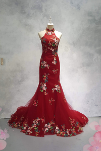 219EL01E03 May Cheong Sam Red Floral Halter 1 Oriental Cheong Sam Qi Pao rental Malaysia Kuala Lumpur Petaling Jaya