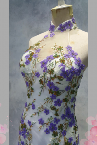 2210EL06E03 Maya Cheongsam Grey with Purple floral (2) Oriental Cheong Sam Qi Pao rental Malaysia Kuala Lumpur Petaling Jaya Evening Dress