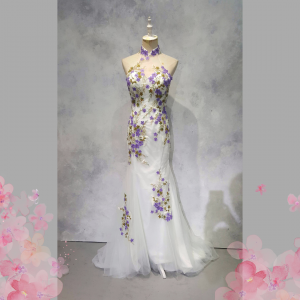 2210EL06E03 Maya Cheongsam Grey with Purple floral Oriental Cheong Sam Qi Pao rental Malaysia Kuala Lumpur Petaling Jaya Evening Dress