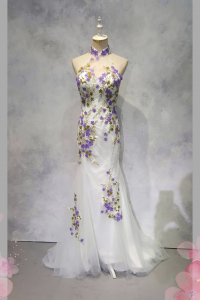 2210EL06E03 Maya Cheongsam Grey with Purple floral Oriental Cheong Sam Qi Pao rental Malaysia Kuala Lumpur Petaling Jaya Evening Dress