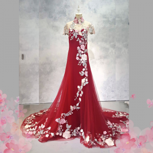 2210EL06EL01 Aida Plus Cheongsam Red tulle with Pink Rose Cap seleeves Oriental Cheong Sam Qi Pao rental Malaysia Kuala Lumpur Petaling Jaya Evening Dress