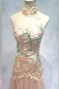 2210UC01E01 Daya Cheongsam Pink Green Floral trumpet (2) Oriental Cheong Sam Qi Pao rental Malaysia Kuala Lumpur Petaling Jaya Evening Dress