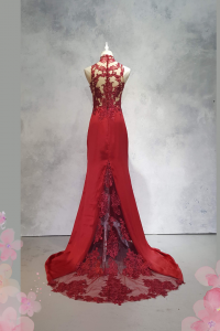 222EL03E01 Berry Cheongsam Pronovias Lace Full red 6 Oriental Cheong Sam Qi Pao rental Malaysia Kuala Lumpur Petaling Jaya