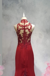 222EL03E01 Berry Cheongsam Pronovias Lace Full red 7 Oriental Cheong Sam Qi Pao rental Malaysia Kuala Lumpur Petaling Jaya