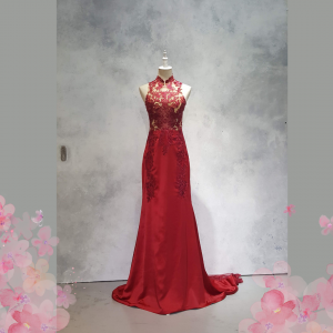 222EL03E01 Berry Cheongsam Pronovias Lace Full red 4 Oriental Cheong Sam Qi Pao rental Malaysia Kuala Lumpur Petaling Jaya