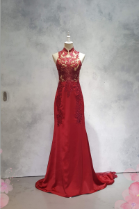 222EL03E01 Berry Cheongsam Pronovias Lace Full red 4 Oriental Cheong Sam Qi Pao rental Malaysia Kuala Lumpur Petaling Jaya