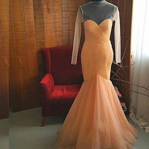 412 412EV08 Long Sleeves Peach Beige Pleated Tulle Mermaid Evening Dinner Dress