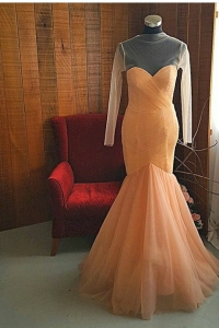412 412EV08 Long Sleeves Peach Beige Pleated Tulle Mermaid Evening Dinner Dress
