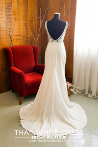 812BY02W03 Maryssa  Strap V neck illusion bodice satin sheath (5) Minimalist Sheath Crepe Wedding gown rental Kuala Lumpur Gaun Pengatin petite