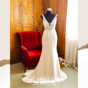 812BY02W03 Maryssa  Strap V neck illusion bodice satin sheath Minimalist Sheath Crepe Wedding gown rental Kuala Lumpur