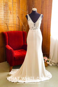 812BY02W03 Maryssa  Strap V neck illusion bodice satin sheath Minimalist Sheath Crepe Wedding gown rental Kuala Lumpur
