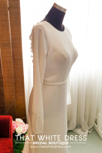 808BYW01 Meghan Long Sleeves Plain Satin Sparkle sleeves Minimalist Sheath Crepe Wedding gown rental Kuala Lumpur Malaysia