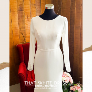 808BYW01 Meghan Long Sleeves Plain Satin Sparkle sleeves Minimalist Sheath Crepe Wedding gown rental Kuala Lumpur