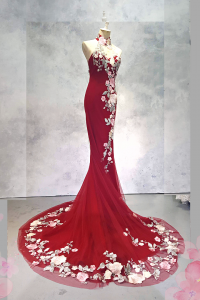 2210EL06E01 Aya Cheongsam Red tulle with Pink Rose Oriental Cheong Sam Qi Pao rental Malaysia Kuala Lumpur Petaling Jaya Evening Dress