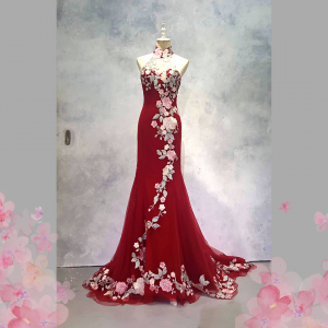2210EL06E01 Aya Cheongsam Red tulle with Pink Rose (2) Oriental Cheong Sam Qi Pao rental Malaysia Kuala Lumpur Petaling Jaya Evening Dress