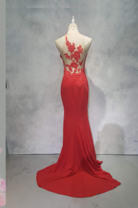 Evening Dress CC610E04 Red Halter Back illusion French Lace Chiffon 41 
