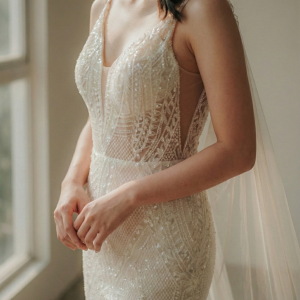 201RYW01 Mia Champagne Spag Geometry Trumpet Bridal event wedding dress reception rental custom make