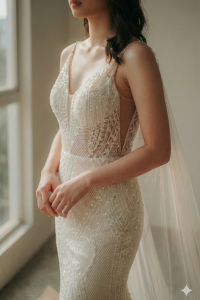 201RYW01 Mia Champagne Spag Geometry Trumpet Bridal event wedding dress reception rental custom make